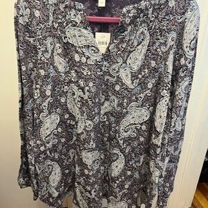 J. Jill Black and White Relaxed Blouse with Mandarin Collar